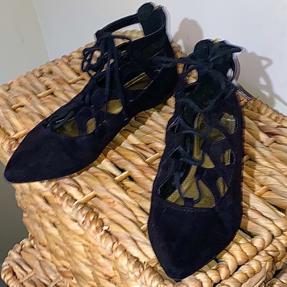 Strappy Pointed Toe Ballet Flat shoes pointy toe black faux suede lace up flats